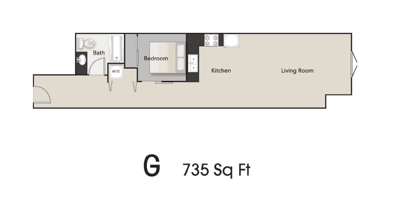 Floor plan for 1 bed, 1 bath, 735 sqft
